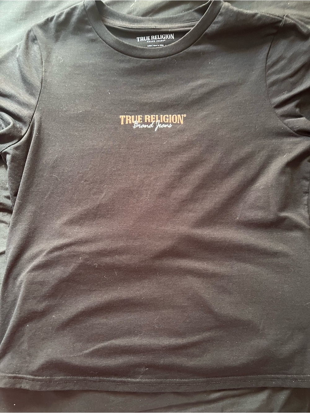 True Religion Black Long Sleeve Tee with Gold Chest Logo